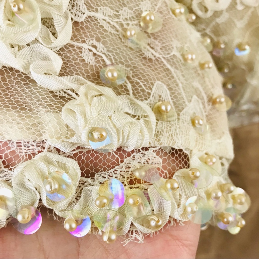 SOLD Vintage 60s Hall Ludlow Gown Sequins Lace Organza Cream Beige Wedding Dress - Picture 9 of 16